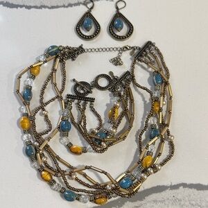 Multi-Strand Gold-tone and Blue Beaded Necklace, Bracelet, and Earring Set